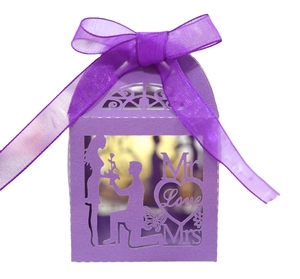 Laser cut hollow purple candy box with romantic proposal scene and silk ribbon