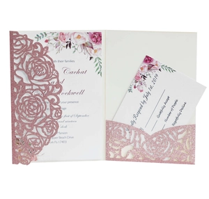 Laser cut rose gold glitter wedding invitation set with floral inner card and RSVP card
