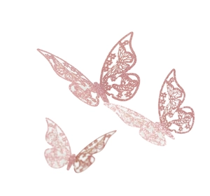 Set de tres mariposas de papel rosa con purpurina 3D caladas para decoración de bodas y fiestas