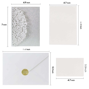 Silver glitter laser-cut floral wedding invitation suite with envelopes and dimension specs