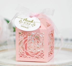 Pink laser-cut rose hollow wedding candy box with silk ribbon and thank you tag