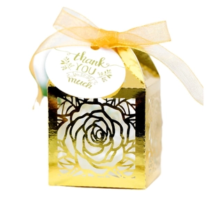 Golden laser-cut rose hollow candy box with yellow ribbon and thank you tag for weddings