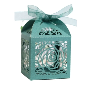 Laser cut rose flower candy box in forest green with a matching organza ribbon bow