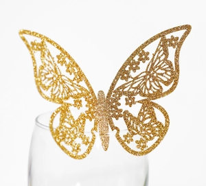 Sparkling gold glitter 3D butterfly glass card for elegant holiday party decoration