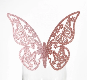 Pink glitter laser-cut butterfly decoration for wine glass rim party decoration