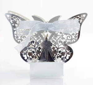 Laser cut butterfly gift box in silver finish with light blue ribbon for weddings