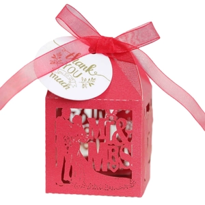 Laser cut red wedding favor box with Mr & Mrs silhouette and Thank You tag