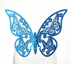 3D laser-cut butterfly decoration with blue glitter for parties and home wall decor
