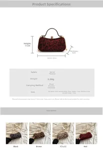 Detailed chart showing size and four color options for the leopard print evening bag