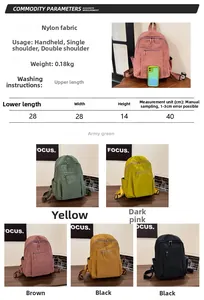 Size chart for water-resistant nylon backpack showing dimensions and five color options