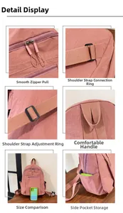 Detail view of pink nylon backpack featuring metal zippers and adjustable straps