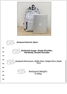 Detailed size chart for white patterned nylon backpack showing 30x44x16cm dimensions