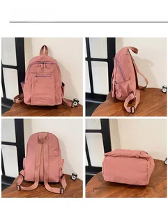 Detail shots showing front, side, and back views of the pink water-resistant nylon backpack