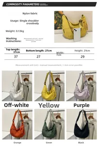 Vue détaillée des sacs croissant en nylon en six couleurs avec dimensions et échelle