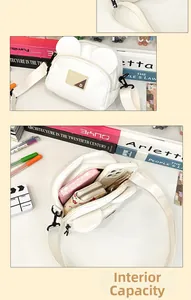 Detail view of white cartoon bear shoulder bag showing interior capacity and strap details
