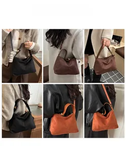 Multiple styles of vintage suede hobo bags shown in various lifestyle modeling poses