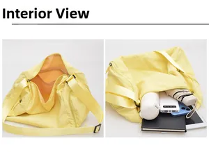 Vue intérieure du sac de voyage en nylon jaune montrant la poche zippée et le compartiment