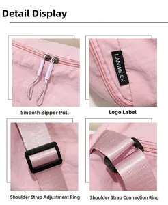 Vue détaillée du sac en nylon rose avec double fermeture éclair et bandoulière réglable