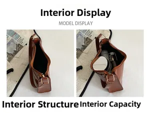 Détail de l'intérieur du sac en cuir verni marron montrant sa capacité et sa doublure
