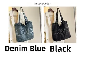 Detail view of denim tote bags in blue and black colors with L.O.V.E letter patchwork