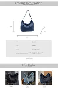 Tableau des tailles détaillé et spécifications du grand sac cabas en denim en trois coloris