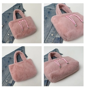 Close-up of pink faux fur tote bag showing plush texture and a matching ribbon bow detail