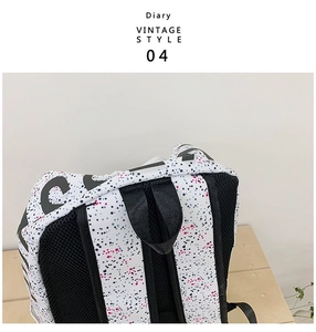 Detail of backpack showing white fabric with ink pattern and breathable mesh back
