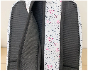 Detail of the breathable honeycomb mesh back panel and ergonomic padded straps on backpack