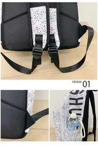 Detail of breathable mesh back panel and adjustable padded straps on the printed backpack