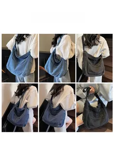 Vues détaillées du sac fourre-tout en denim avec bandoulière réglable et grande capacité