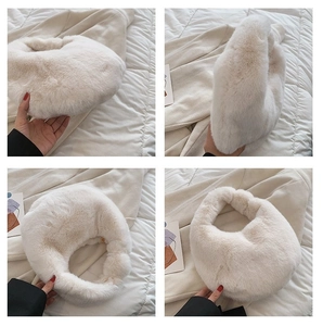 Detailed four-angle views of a soft cream-colored plush faux fur handbag for women