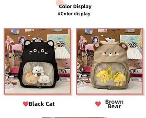 Detail showing two cartoon itabags with clear display windows in black cat and brown bear designs