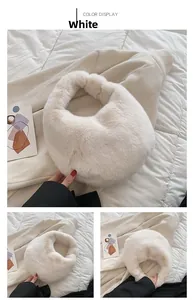 Detail view of the soft white faux fur plush handbag with an integrated curved top handle