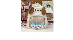 Detailed view of cartoon backpack with transparent PVC window for plush keychains