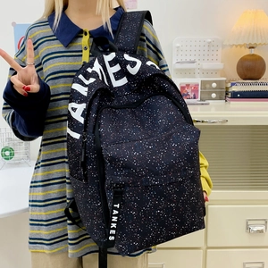 Star pattern black backpack with TANKES logo for outdoor travel and school use