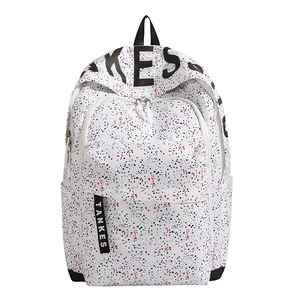 White casual backpack with pink and black splatter pattern and star school style for travel