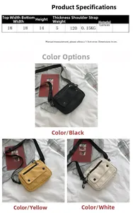 Detailed size specifications for canvas crossbody bag with dimensions 18x14x5cm shown in macro