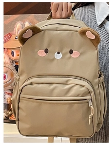Detail of khaki bear-themed backpack with plush ears and embroidered face for students