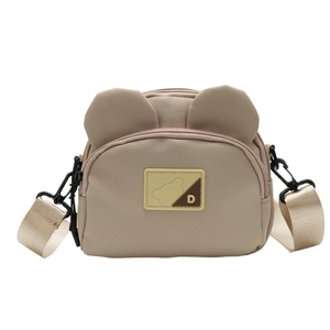 Cute cartoon bear canvas crossbody bag in khaki with 3D ears and adjustable wide strap