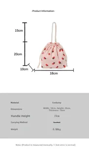 Detaillierte Größentabelle für rosa Cord-Beutel mit süßem Erdbeer-Muster