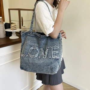 Vintage Washed Denim Tote Bag For Women Distressed Letter Patch Shoulder Bag Large Capacity Casual Retro Denim Handbag