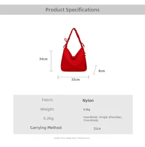 Red nylon tote bag dimensions 35x34x8cm with lightweight design for shoulder and crossbody use