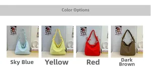 Detailed grid view of nylon crossbody bags in blue, yellow, red, and brown colors