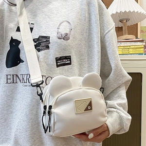 Cute white cartoon bear ear canvas crossbody bag with adjustable strap and zip pocket