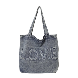 Retro light blue washed denim tote bag with distressed LOVE lettering and large capacity