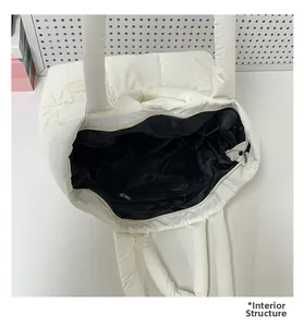 Interior view of white quilted tote bag featuring black lining and zipper pocket