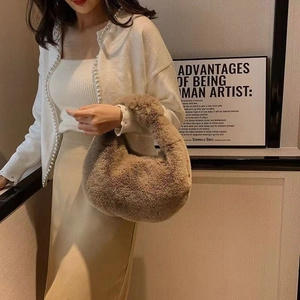 Chic brown faux fur hobo handbag for women in minimalist stylish carry bag design