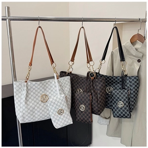 Three elegant tote bag sets in white, brown, and black with M-pattern and metal charms