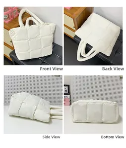 Detailed views of white quilted puffer tote bag from front, back, side and bottom angles