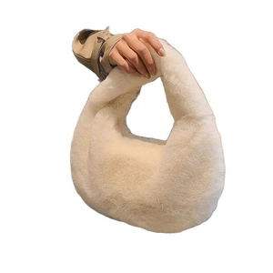 Minimalist off-white plush handbag for women with soft faux fur and elegant curved handle